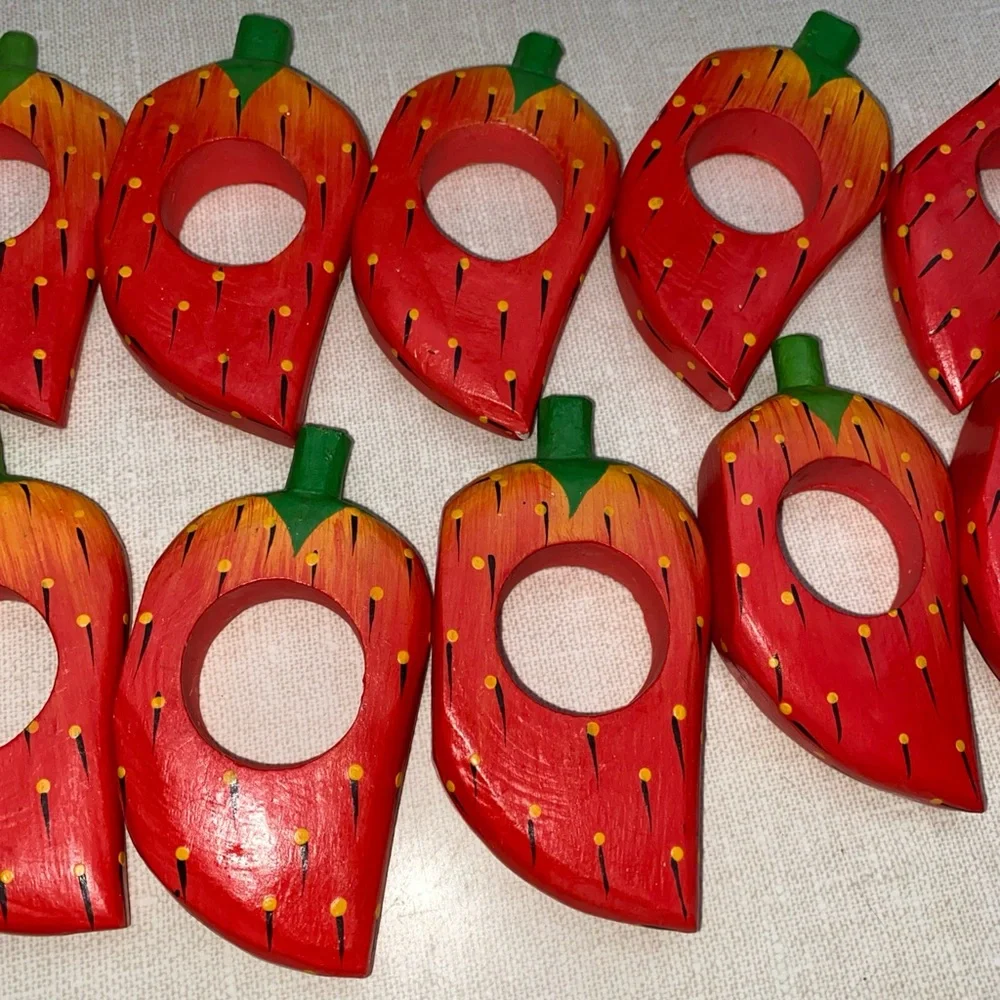 Vintage Wooden Strawberry Napkin‎ Rings Set (10)